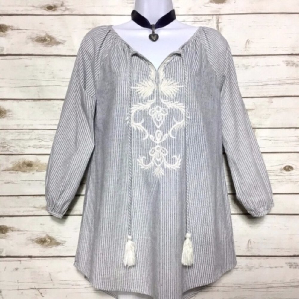 Zara Striped Embroidered BOHO Peasant Blouse Top